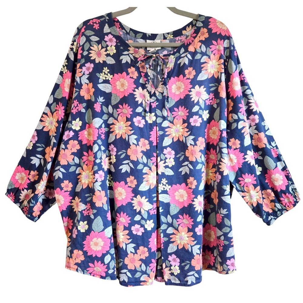 St‎ Johns Bay Women's 1X Floral Peasant Blouse Navy Blue 3/4 Sleeve Tie Neck Top